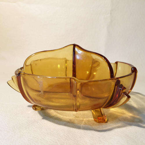 RARE Art Deco Amber Glass Divided Sweet Bowl