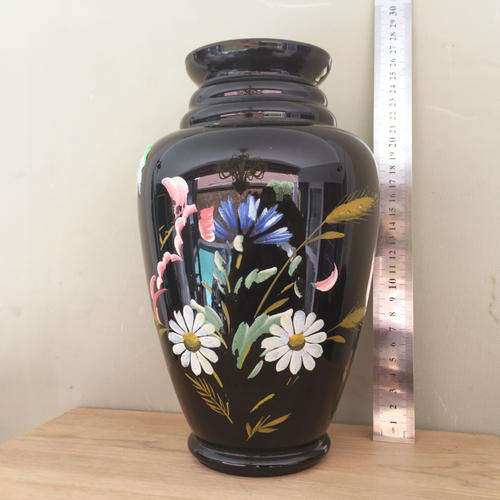 Vintage Hand Painted Black Belgium Boom Glass Urn