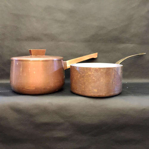 Two Copper Pots (Wood and Brass Handle)