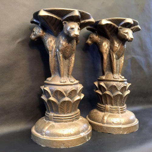 Two Large RARE Faux Bronze Leopard Candle Stands