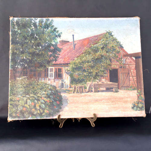Antique Original Oil on Canvas Farmhouse 1907