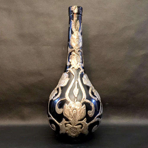 Rare Art Nouveau Lead Decorated Black Glass Bottle
