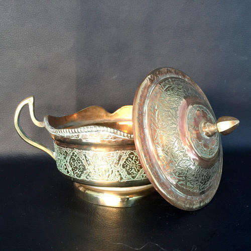 Rare Antique Highly Ornate Brass on Copper and Enamel Bowl and Lid