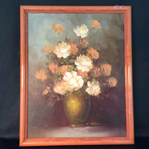 Original Framed Oil on canvas Still Life Roses By R Stevens