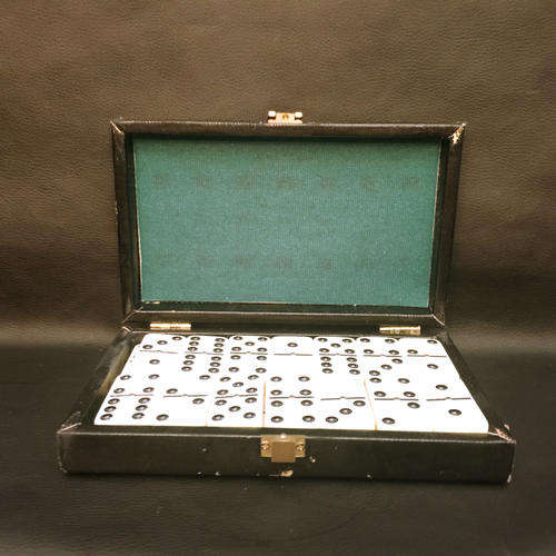 Complete Vintage Leather Boxed Domino's with Brass Inlay!