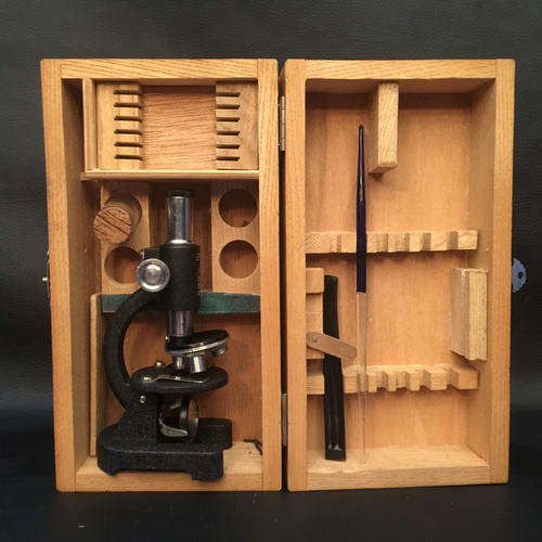 Vintage Miniature Cast Iron Microscope In Wood Box!!!