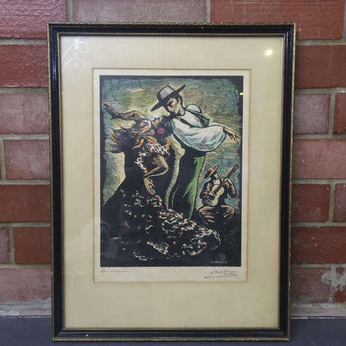 RARE 1940's Original Juan Castells Marti Signed woodcut colour engraving