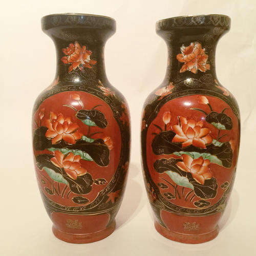 Two Large Ornately Decorated Porcelain Chinese Vases (Bid for Both)