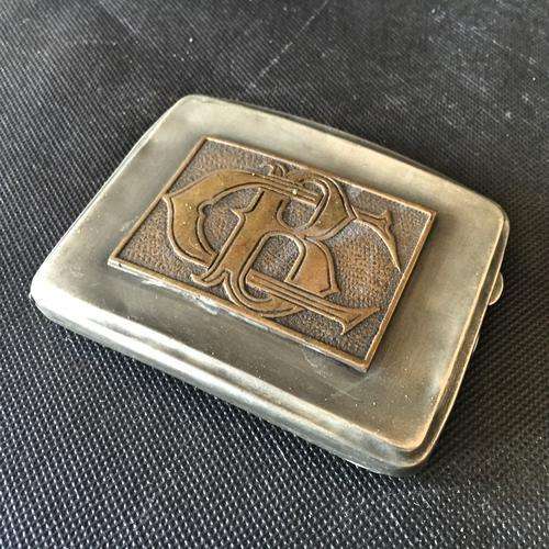 Old Pewter Cigarette Box With Brass Plaque Inscription