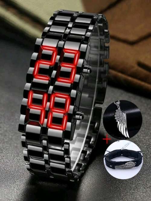 Men`s Stainless Steel Lava RED LED Digital Bracelet Watch (Black Red)