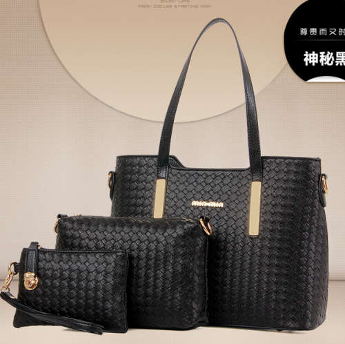 Knitting style 3-piece set laides handbag with clutch and shoulder bag. Black color. Stock in ZA