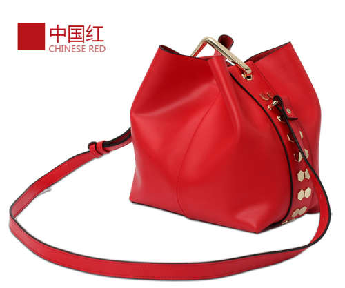Genuine leather rivet bucket bag. Big capacity. Red color.