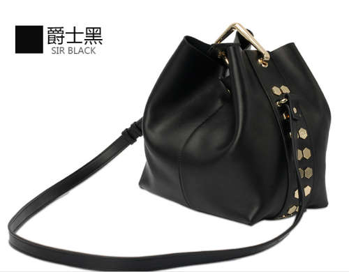 Genuine leather rivet bucket bag. Big capacity. Black color.