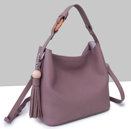 Genuine leather litchi pattern big capacity bucket bag. Purple color.