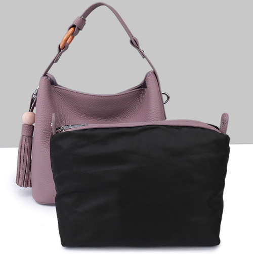 Genuine leather litchi pattern big capacity bucket bag. Purple color.
