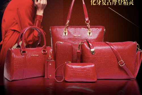 6 sets multi-usage crocodile pattern fashion handbags. Red color
