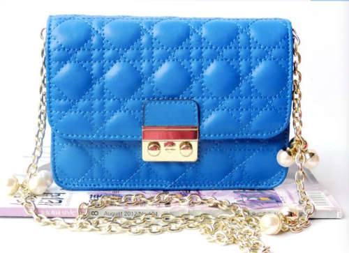 Genuine leather classic dating handbag, chain with pearls. Blue color. Stock in ZA