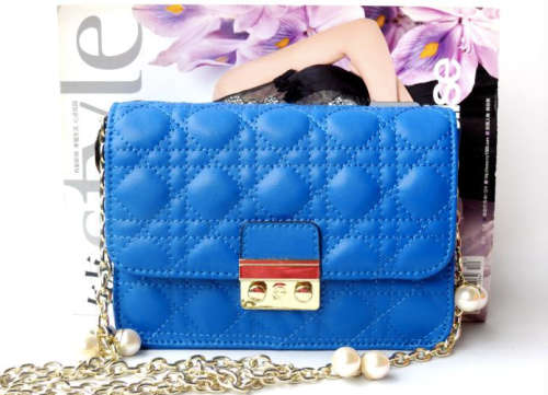 Genuine leather classic dating handbag, chain with pearls. Blue color. Stock in ZA