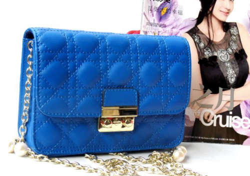 Genuine leather classic dating handbag, chain with pearls. Blue color. Stock in ZA