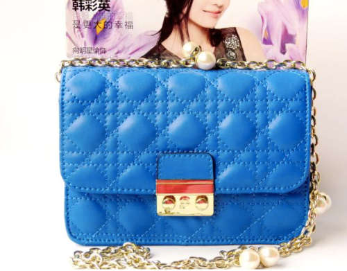 Genuine leather classic dating handbag, chain with pearls. Blue color. Stock in ZA