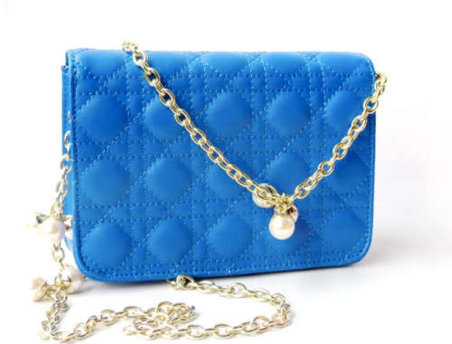 Genuine leather classic dating handbag, chain with pearls. Blue color. Stock in ZA