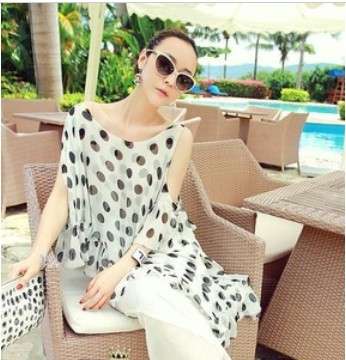 Wave points(dot) unbalance off shoulder double layers chiffon shirt