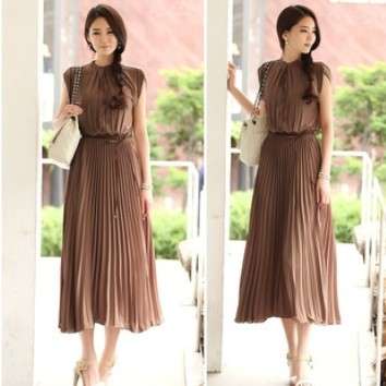 Elegant and classic long pleated chiffon dress, 3 colors, 4 sizes