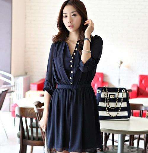 Sewing button style chiffon loose dress, 2 colors, 3 sizes
