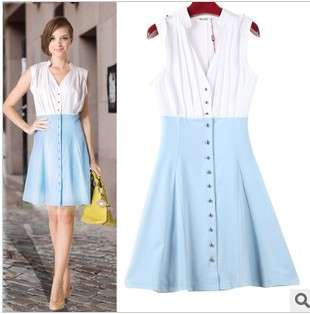 V-collar color joint dress, fresh lady loves! size 30