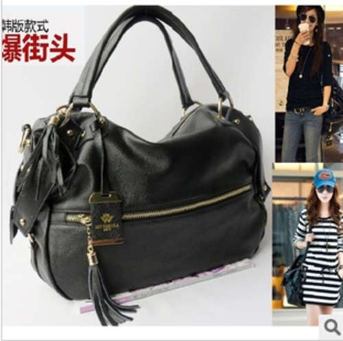 Genuine leather handbag, color black