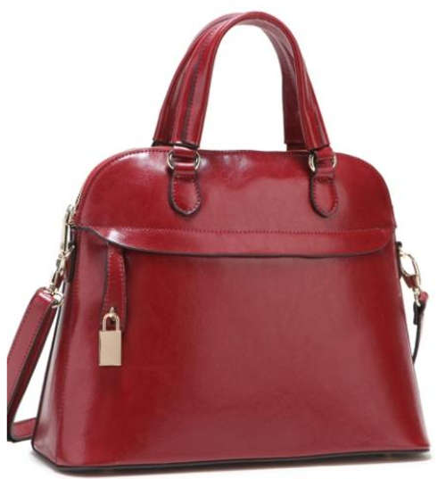 Lock fashion. Real 100% leather classic designed handbag. wine color.