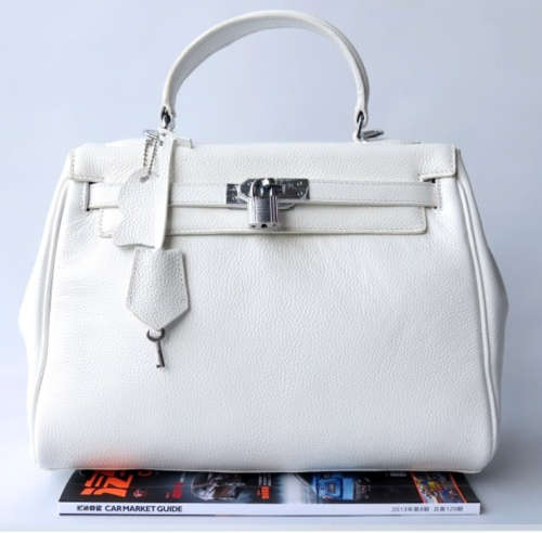 Genuine leather Birkin-style lock handbag. Color White. Stock in ZA