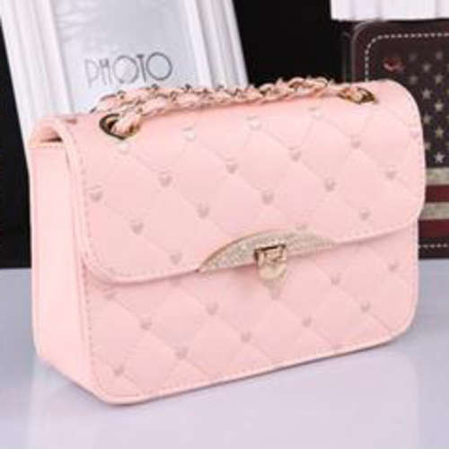Elegant leisure size nice design chains shoulder bag. Pink color. Stock in za
