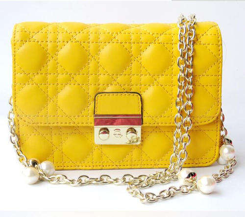 Genuine leather classic dating handbag, chain with pearls. Yellow color. Stock in ZA