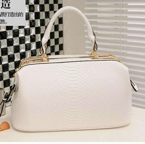 Crocodile embossed strong leather hard shell handbag. White color. Large size
