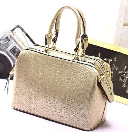Crocodile embossed strong leather hard shell handbag. Silver color. Large size