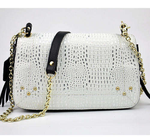 Genuine leather lizard pattern medium size handbag with strape. White color