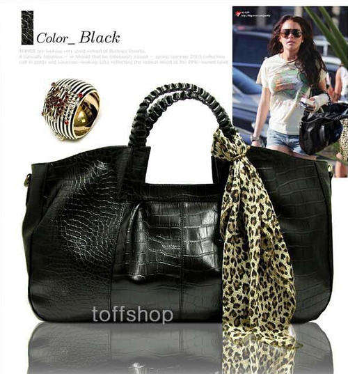 Crocodile pattern and scarves large size ladies handbag. Black color, Stock in ZA