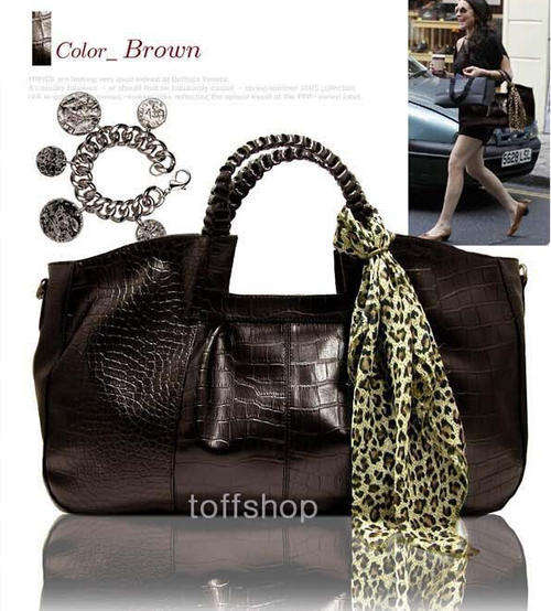 Crocodile pattern and scarves large size Stars love handbag. Coffee brown color, Stock in ZA