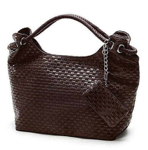 Knit style large capacity shoulder handbag, with strape. Coffee brown color. Stock in ZA