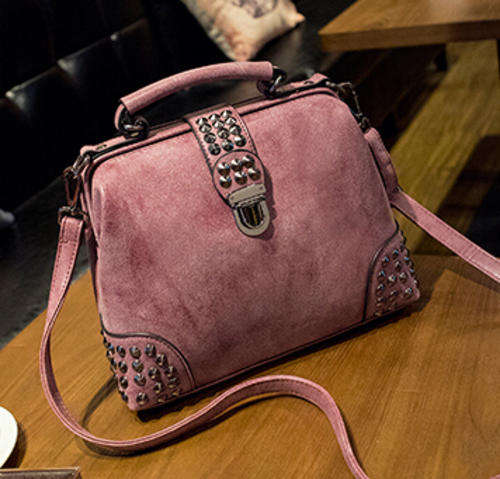 Nubuck retro rivets design bucket bag. Pink color. Stock in ZA