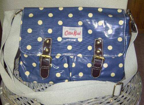 STUNNING BLUE AND BEIGE POLKA DOT COTTON ROAD HANDBAG!!!!!