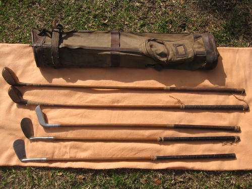GOLF CLUBS VINTAGE  WITH HICKORY SHAFTS, PLUS BAG