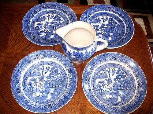 Rorstrand Blue Willow. Four plates. (Milk Jug has no manufacture marking)