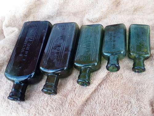 Five Poison Not To Be Taken green glass bottles 6,4,2,1 & 1/2 oz