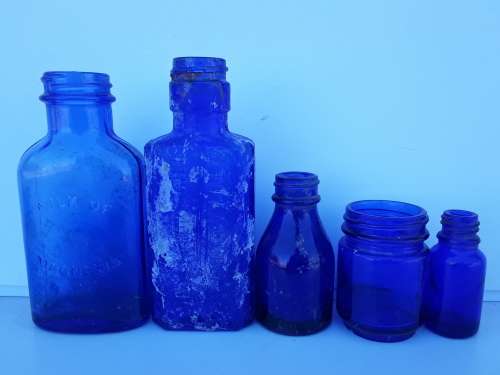 5 Vintage Cobalt blue bottles