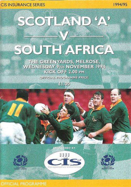 SCOTLAND A V SOUTH AFRICA 1994 - RUGBY PROGRAMME