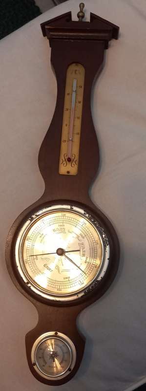 Antique Thermometer, Barometer, Humidity Reading Brass Wood Banjo Style