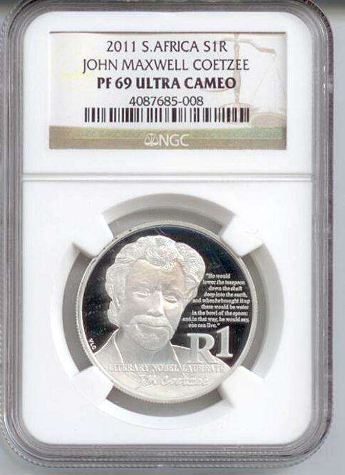 NGC Graded PF69 Ultra Cameo 2011 JM Coetzee 1Rand Very Scares Coin