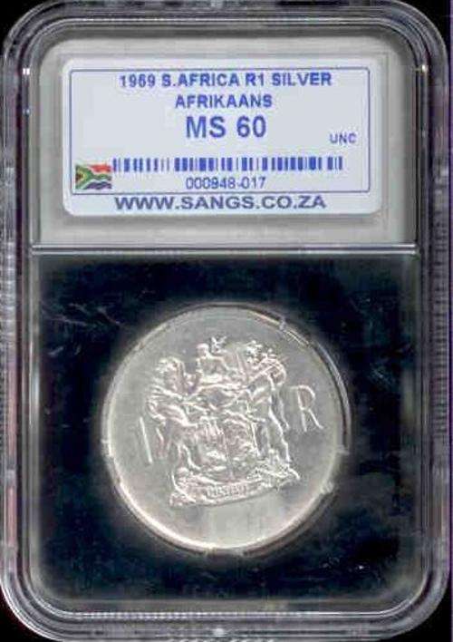 1969 MS 60 Afrikaans Silver 1Rand Sangs Graded